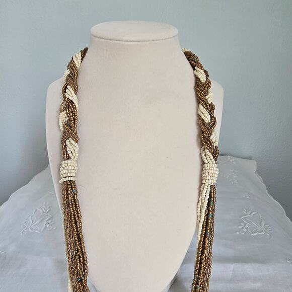 Vintage Beaded Necklace Braided Long Multistrand Cream Bronze Classic Boho Glam - Picture 3 of 12